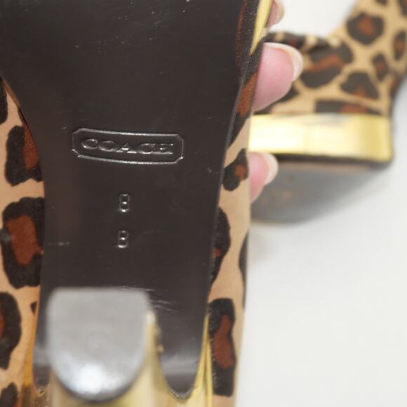 Coach Women's 8 Leopard Print Satin Peep Toe Gold Heels Daisey - Picture 9 of 11